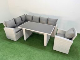Rackhams 7 Seater Wicker Rattan Corner Sofa Sets Outdoor Garden Furniture Sets with Rectangular Dining Table Lounge Sofa Armchair Light Grey - thumbnail 1