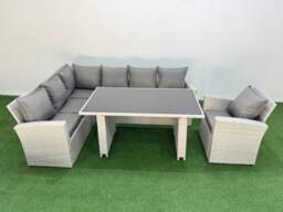 Rackhams 7 Seater Wicker Rattan Corner Sofa Sets Outdoor Garden Furniture Sets with Rectangular Dining Table Lounge Sofa Armchair Light Grey - thumbnail 2