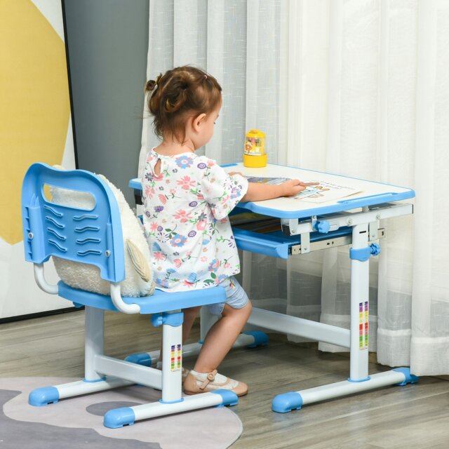 Rackhams Kids Desk & Chair Set, Height Adjustable Student Writing Desk, Children School Study Table with Tiltable Desktop, Drawer, Pen Slot, Hook - Blue - image 1