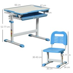 Rackhams Kids Desk & Chair Set, Height Adjustable Student Writing Desk, Children School Study Table with Tiltable Desktop, Drawer, Pen Slot, Hook - Blue - thumbnail 5