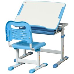 Rackhams Kids Desk & Chair Set, Height Adjustable Student Writing Desk, Children School Study Table with Tiltable Desktop, Drawer, Pen Slot, Hook - Blue - thumbnail 2