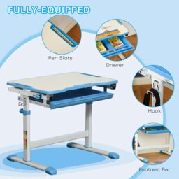 Rackhams Kids Desk & Chair Set, Height Adjustable Student Writing Desk, Children School Study Table with Tiltable Desktop, Drawer, Pen Slot, Hook - Blue - thumbnail 4