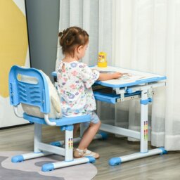 Rackhams Kids Desk & Chair Set, Height Adjustable Student Writing Desk, Children School Study Table with Tiltable Desktop, Drawer, Pen Slot, Hook - Blue
