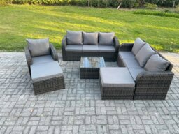 Rackhams 9 Seater Outdoor Rattan Garden Furniture Set Conservatory Patio Sofa Coffee Table With 2 Big Footstool Dark Grey Mixed - thumbnail 2