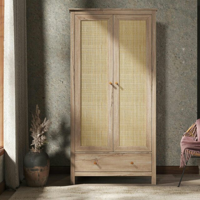 Rackhams Willow Rattan 2 Door Double Wardrobe with 1 Drawer - Oak and Rattan