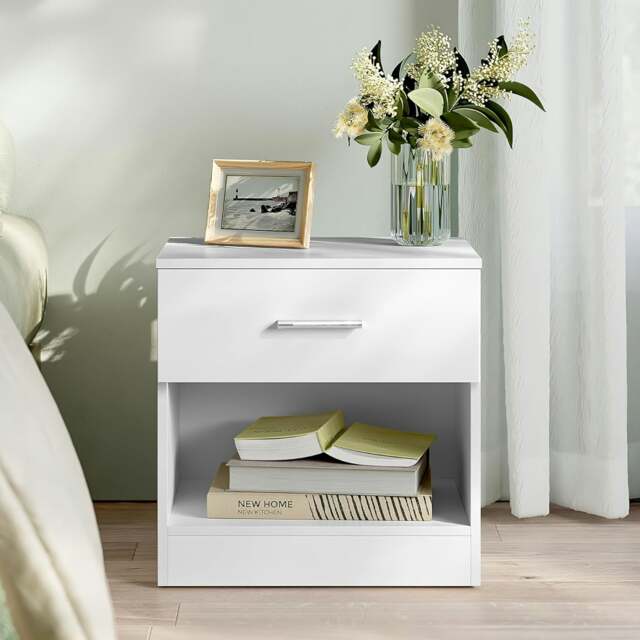 Rackhams High Gloss Bedroom Furniture 3 Piece Trio Set Wardrobe Chest Bedside - White - Bedside Table - image 1