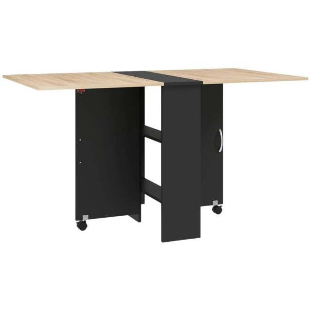 Rackhams Folding Dining Table, Drop Leaf Table with 2-Tier Shelves, Rolling Casters, for Small Spaces, Kitchen, Oak and Black - image 1