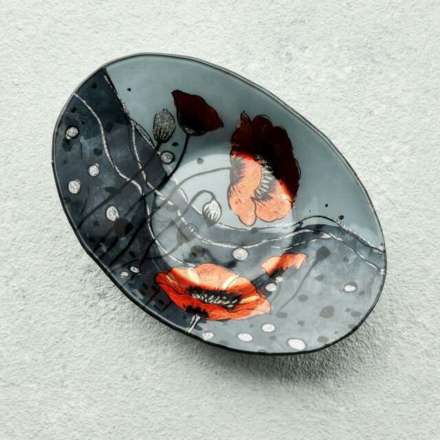 Rackhams Oval Glass Bowl – Wild Poppy Design (Handmade Decorative Centrepiece) - image 1
