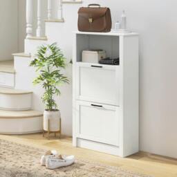 Rackhams Modern Shoe Cabinet with 2 Flip Drawers and Adjustable Shelves, White - White - Smooth painted - MDF - thumbnail 1