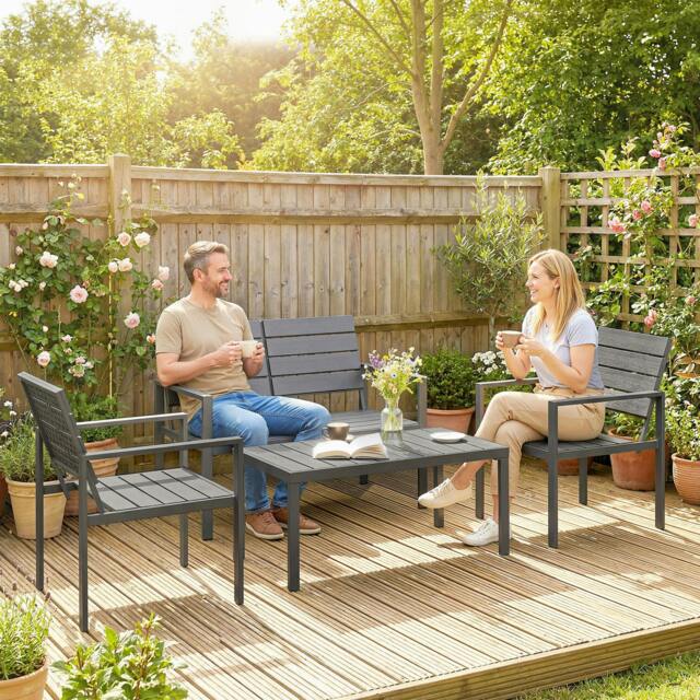 Rackhams 4 Piece Garden Furniture Set, HDPE Metal Outdoor Sofa, Dark Grey - HDPE, Metal - Dark Grey - 1 loveseat, 2 armchairs, 1 coffee table - image 1
