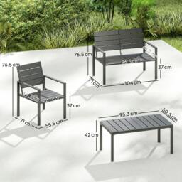 Rackhams 4 Piece Garden Furniture Set, HDPE Metal Outdoor Sofa, Dark Grey - HDPE, Metal - Dark Grey - 1 loveseat, 2 armchairs, 1 coffee table - thumbnail 4