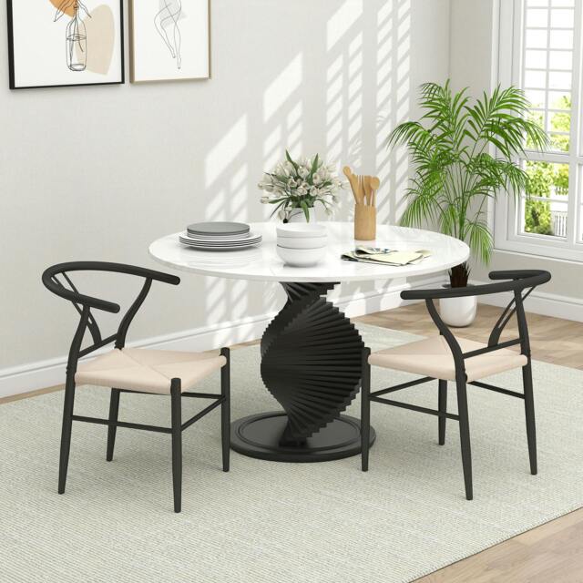 Rackhams Weave Dining Chairs Set of 2 with Y-Shaped Backrest Hemp Seat Black - Black, beige - Mid-century modern - None - image 1