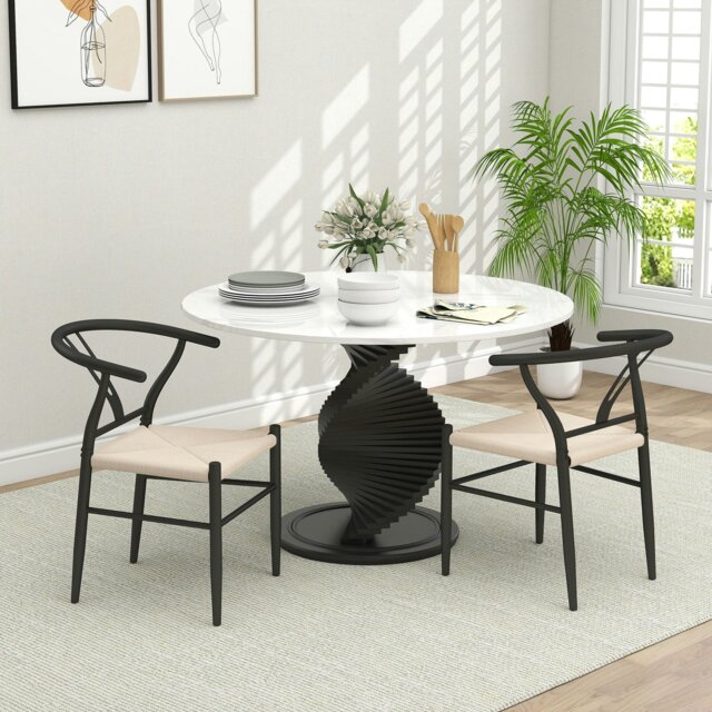 Rackhams Weave Dining Chairs Set of 2 with Y-Shaped Backrest Hemp Seat Black - Black, beige - Mid-century modern - None - image 1