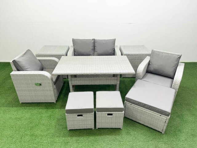 Rackhams Light Grey PE Wicker Rattan Garden Furniture Set Sofa Set Reclining Chair Rectangular Dining Table 7 Seater 3  Stools 2 Side Table - image 1