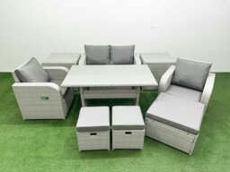 Rackhams Light Grey PE Wicker Rattan Garden Furniture Set Sofa Set Reclining Chair Rectangular Dining Table 7 Seater 3  Stools 2 Side Table - thumbnail 1