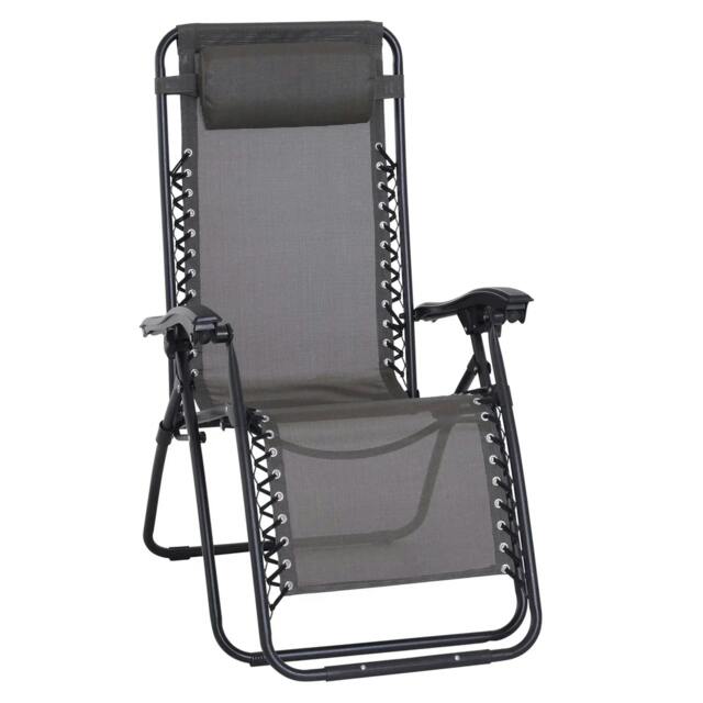 Rackhams Zero Gravity Chair Metal Frame Texteline Armchair Outdoor Folding and Reclining Sun Lounger with Head Pillow for Patio Decking Gardens Camping, Grey - image 1