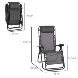 Rackhams Zero Gravity Chair Metal Frame Texteline Armchair Outdoor Folding and Reclining Sun Lounger with Head Pillow for Patio Decking Gardens Camping, Grey - thumbnail 3
