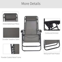Rackhams Zero Gravity Chair Metal Frame Texteline Armchair Outdoor Folding and Reclining Sun Lounger with Head Pillow for Patio Decking Gardens Camping, Grey - thumbnail 5