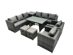 Rackhams Outdoor Corner Sofa Chair Dining Table Set Garden Rattan Furniture Set 10 Seater with 2 Small Stool Side Table Dark Grey - thumbnail 1