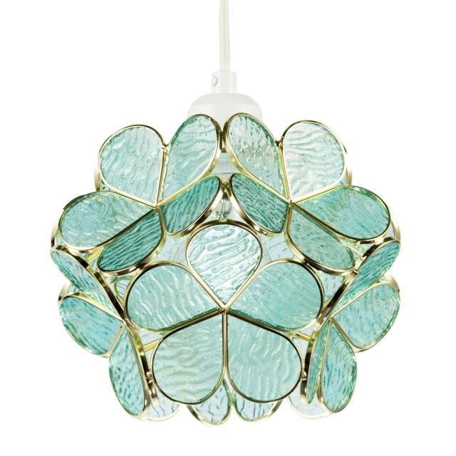 Rackhams Floral Petal Pendant Light Shade with Teal Glass and Shiny Gold Frame - image 1