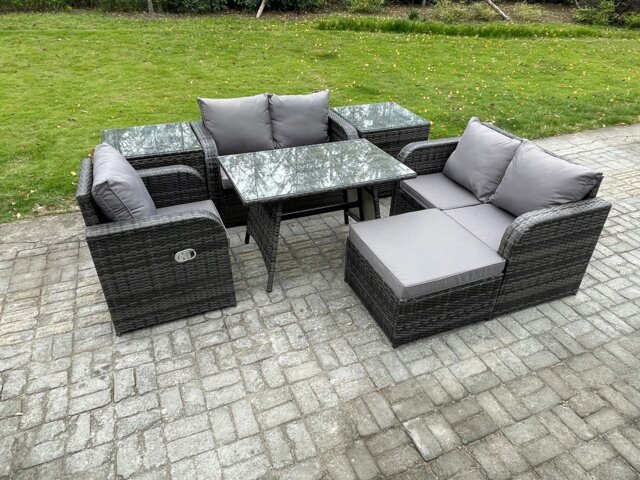 Rackhams 7 Pieces Outdoor Garden Dining Sets Rattan Furniture With Dining Table Armchairs Love Sofa 2 Side Tables Big Footstool Dark Grey Mixed - image 1