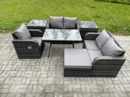 Rackhams 7 Pieces Outdoor Garden Dining Sets Rattan Furniture With Dining Table Armchairs Love Sofa 2 Side Tables Big Footstool Dark Grey Mixed - thumbnail 2
