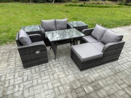 Rackhams 7 Pieces Outdoor Garden Dining Sets Rattan Furniture With Dining Table Armchairs Love Sofa 2 Side Tables Big Footstool Dark Grey Mixed