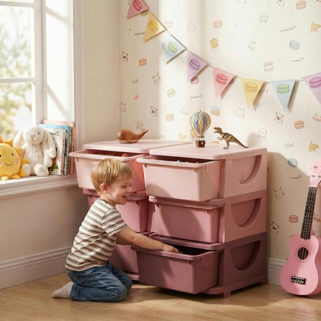 Rackhams Kids Storage Unit Toy Box Vertical Dresser with Six Drawers - Pink - image 1