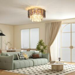 Rackhams Vintage Ceiling Light with Dual Crystal and Smoke Glass Shade, Gold - 1 - Steel, Glass, Crystal - Gold tone - thumbnail 2