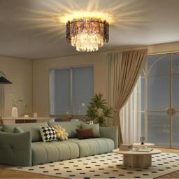 Rackhams Vintage Ceiling Light with Dual Crystal and Smoke Glass Shade, Gold - 1 - Steel, Glass, Crystal - Gold tone