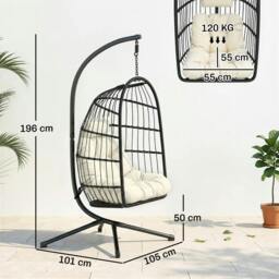 Rackhams Hanging Egg Chair, Outdoor Swing Chair with Stand, Black/Cream - Metal, PE Rattan, Cotton, Polyester, PP Cotton - 101 x 105 x 196 cm - Hanging Egg Chair - thumbnail 3