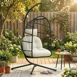 Rackhams Hanging Egg Chair, Outdoor Swing Chair with Stand, Black/Cream - Metal, PE Rattan, Cotton, Polyester, PP Cotton - 101 x 105 x 196 cm - Hanging Egg Chair - thumbnail 1