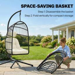 Rackhams Hanging Egg Chair, Outdoor Swing Chair with Stand, Black/Cream - Metal, PE Rattan, Cotton, Polyester, PP Cotton - 101 x 105 x 196 cm - Hanging Egg Chair - thumbnail 5