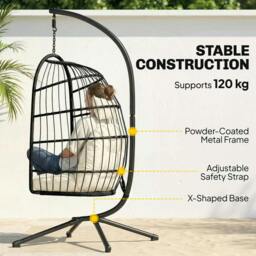 Rackhams Hanging Egg Chair, Outdoor Swing Chair with Stand, Black/Cream - Metal, PE Rattan, Cotton, Polyester, PP Cotton - 101 x 105 x 196 cm - Hanging Egg Chair - thumbnail 4