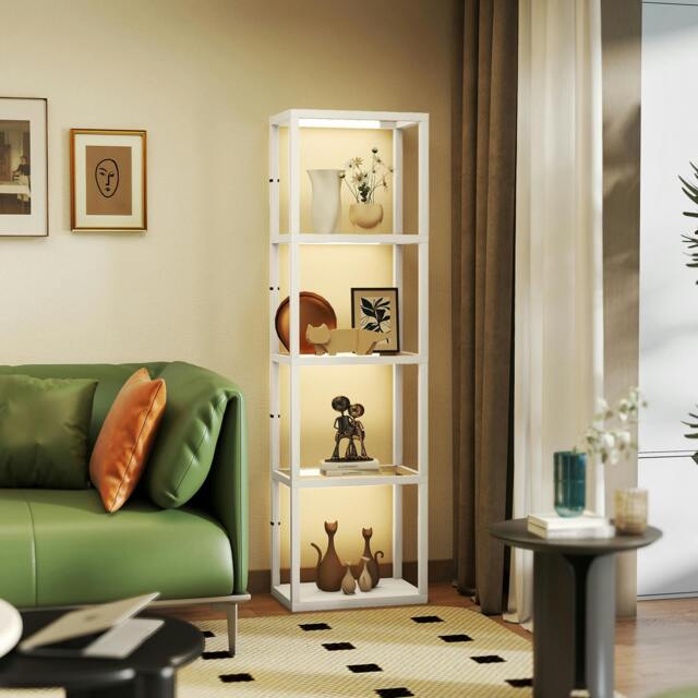 Rackhams LED Floor Lamp with Glass Shelves, Dimmable Room Lamp, Oak - Bleached oak - image 1