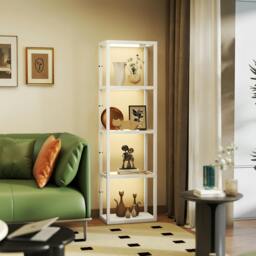 Rackhams LED Floor Lamp with Glass Shelves, Dimmable Room Lamp, Oak - Bleached oak