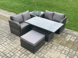 Rackhams Outdoor Rattan Furniture Garden Dining Set Height Adjustable Rising lifting Table Love Sofa Set With Side Table Big Footstool Dark Grey Mixed - thumbnail 2