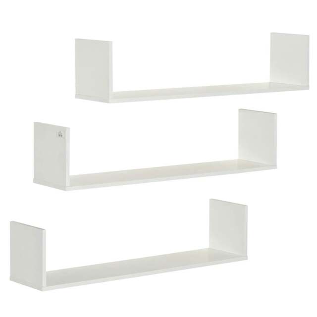 Rackhams Set of 3 Wooden U-Shaped Floating Shelves Set, 80cm Wall Mounted Hanging Bookshelf, CD DVD Storage Display for Bedroom Living Room Kitchen, White - image 1