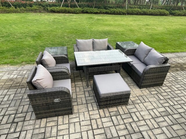 Rackhams Rattan Outdoor Furniture Garden Dining Set Rectangular Table and Chair Sofa Set With 2 Side Tables Big Footstool Dark Grey Mixed - image 1