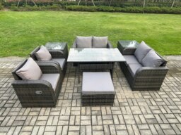 Rackhams Rattan Outdoor Furniture Garden Dining Set Rectangular Table and Chair Sofa Set With 2 Side Tables Big Footstool Dark Grey Mixed - thumbnail 2