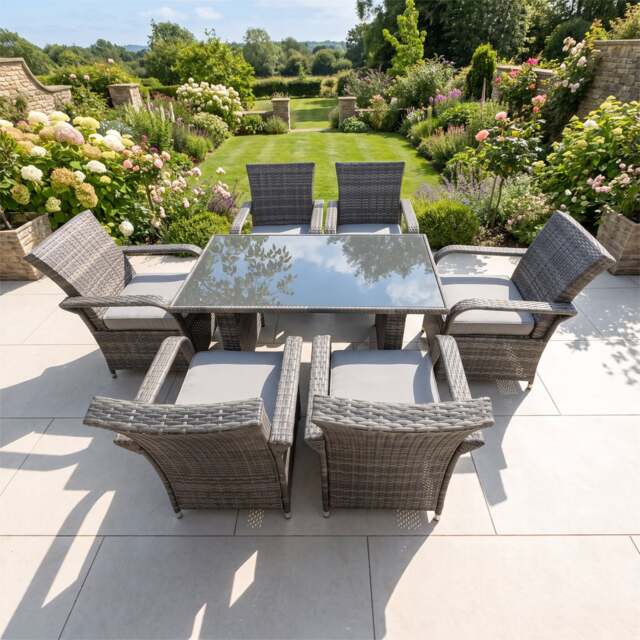 Rackhams Rattan Garden Furniture Dining Set Table And Chairs Wicker Patio Outdoor 6 chairs plus black tempered glass rectangular table - image 1