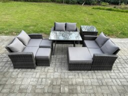 Rackhams Outdoor Lounge Sofa Set Wicker PE Rattan Garden Furniture Set with Rectangular Dining Table 2 Seat Sofa 3 Footstools Side Table Dark Grey Mixed - thumbnail 2