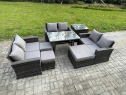 Rackhams Outdoor Lounge Sofa Set Wicker PE Rattan Garden Furniture Set with Rectangular Dining Table 2 Seat Sofa 3 Footstools Side Table Dark Grey Mixed - thumbnail 1