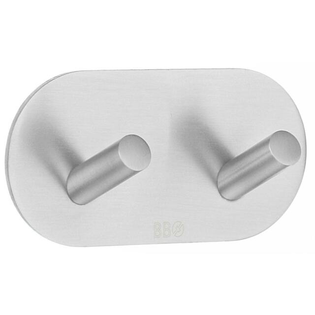 Rackhams Brushed Stainless Steel Double Towel Hook (96 x 48mm) Self Adhesive Bathroom Wall Mounted