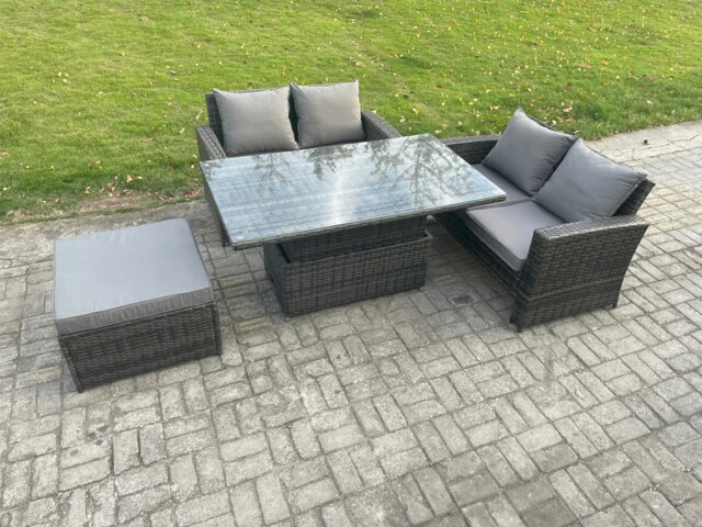 Rackhams 4 Pieces Garden Furniture Sets Poly Rattan Outdoor Patio Height Adjustable Rising Lifting Table Sofa Dining Set with Big Footstool - image 1