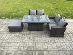 Rackhams 4 Pieces Garden Furniture Sets Poly Rattan Outdoor Patio Height Adjustable Rising Lifting Table Sofa Dining Set with Big Footstool - thumbnail 2