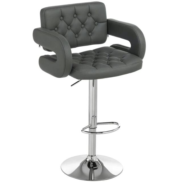 Rackhams PU Leather Upholstered Swivel Bar Stool, Height Adjustable with Back, Armrest, Footrest, Grey