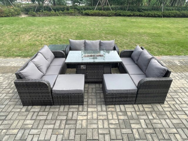 Rackhams Rattan Outdoor Garden Furniture Set with Gas Fire Pit Tabl, Side Table, 3 Sofas, 2 Large Footstools - 11 Seater - Dark Grey - image 1