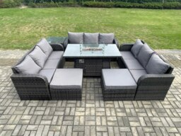 Rackhams Rattan Outdoor Garden Furniture Set with Gas Fire Pit Tabl, Side Table, 3 Sofas, 2 Large Footstools - 11 Seater - Dark Grey - thumbnail 2
