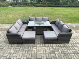Rackhams Rattan Outdoor Garden Furniture Set with Gas Fire Pit Tabl, Side Table, 3 Sofas, 2 Large Footstools - 11 Seater - Dark Grey - thumbnail 1
